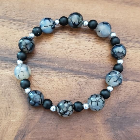 SOLD Fire Agate, Onyx & Hematite Beads Bracelet